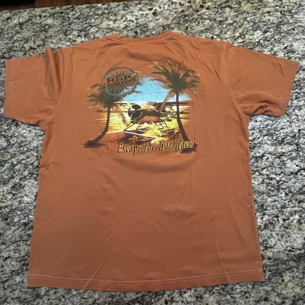 Mens Graphic T-Shirt Large Orange R&R Charters‎ Escape the Rat Race